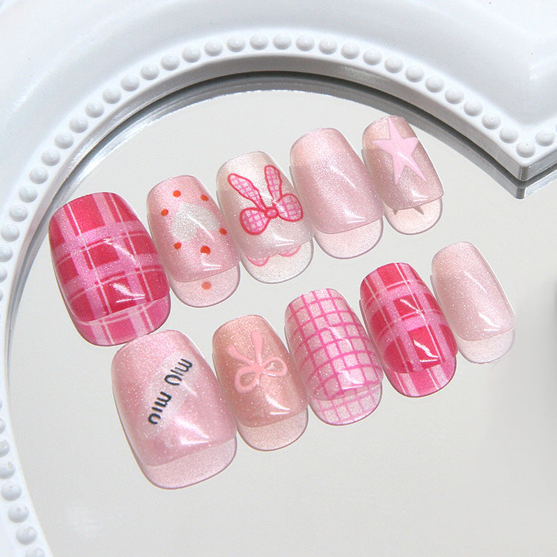Delicate Dreamland Short Square Pink Glittery Press On Nail Set with Playful Patterns