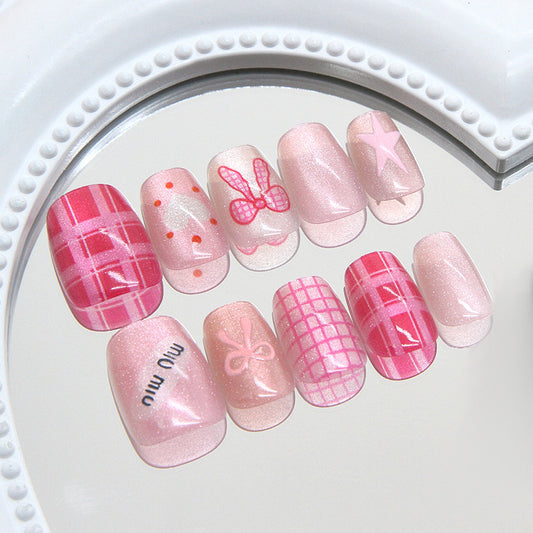 Delicate Dreamland Short Square Pink Glittery Press On Nail Set with Playful Patterns