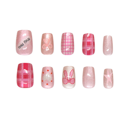 Charming Pink Dreamy Short Square Shaped Press On Nail Set With Glittery Plaid And Whimsical Bow Designs