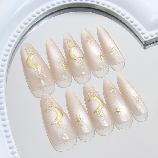 Celestial Dream Press On Nail Set Long Almond Beige with Gold Moon and Star Design