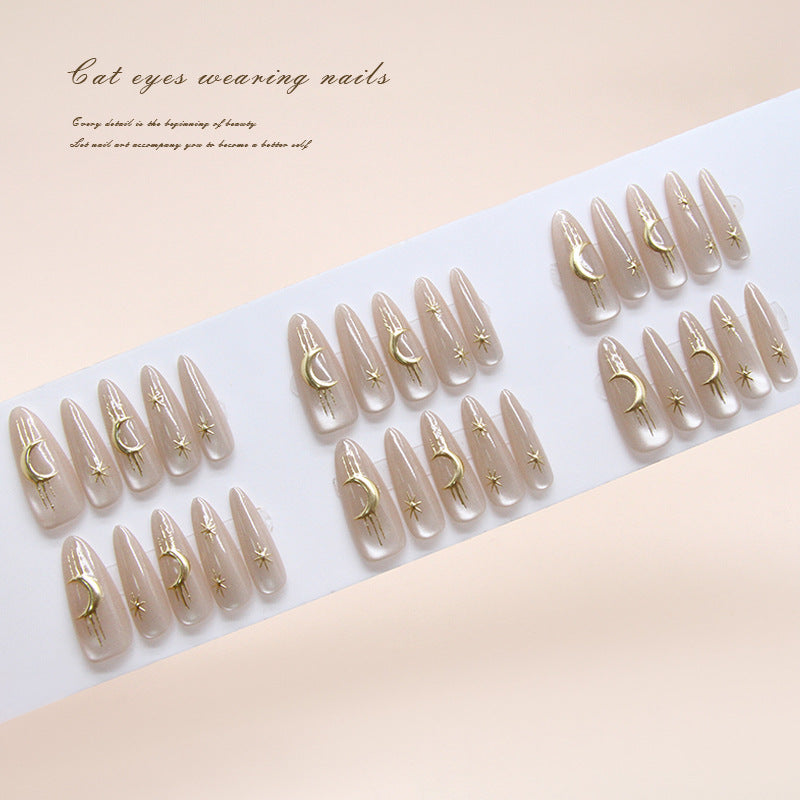 Celestial Dream Press On Nails Long Almond Beige with Gold Star and Moon Accents