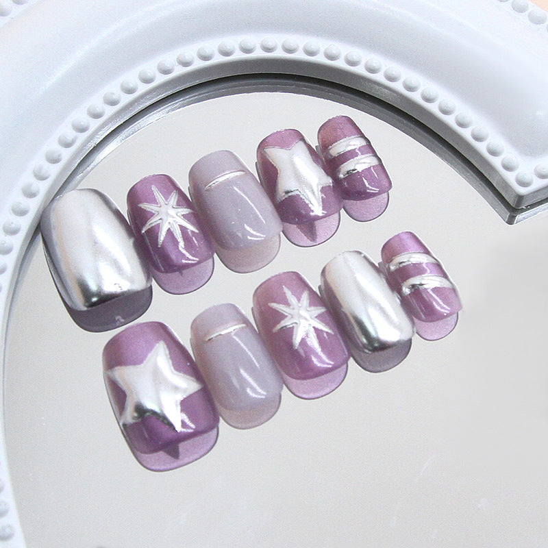 Celestial Dream Shapely Short Square Purple Starry Press On Nail Set with Shimmering Silver Accents