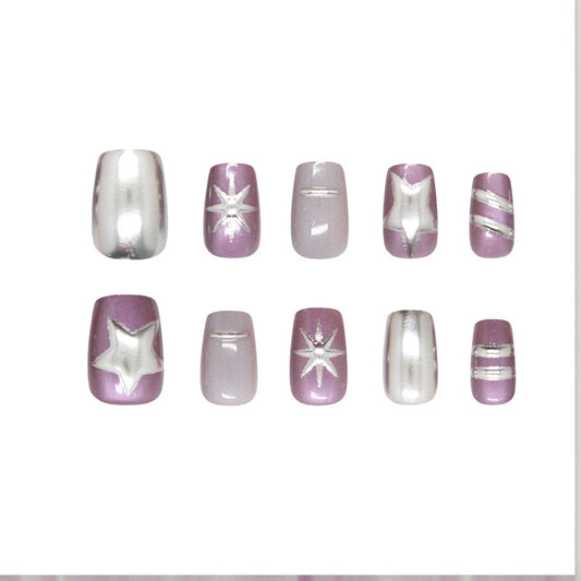 Celestial Glamour Short Square Lavender and Silver Starry Press On Nail Set