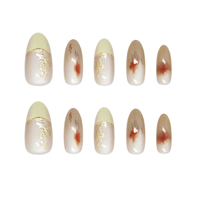 Elegant Autumn Vibes Medium Almond Shaped Soft Pink with Artistic Gold Detailing Press On Nail Set