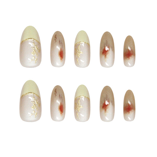 Elegant Autumn Vibes Medium Almond Shaped Soft Pink with Artistic Gold Detailing Press On Nail Set