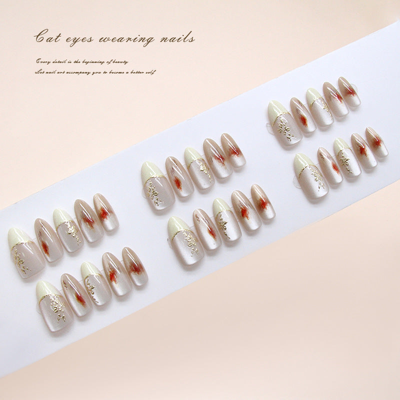 Enchanting Elegance Press On Nail Set Medium Almond Beige with Golden Accents and Cat Eye Effect