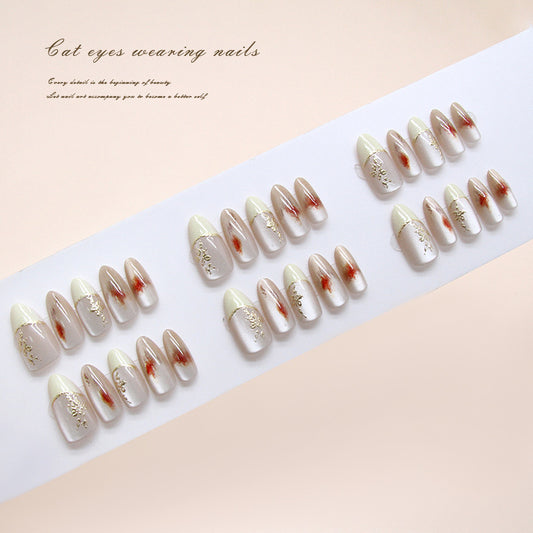 Enchanting Elegance Press On Nail Set Medium Almond Beige with Golden Accents and Cat Eye Effect