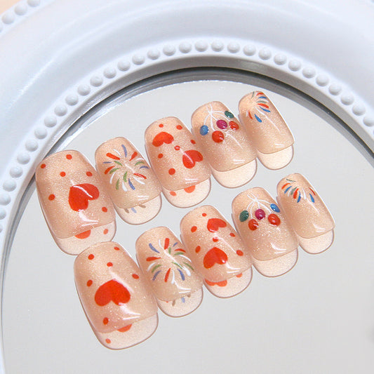 Festive Heartfelt Elegance Press on Nail Set Short Square Transparent with Colorful Design