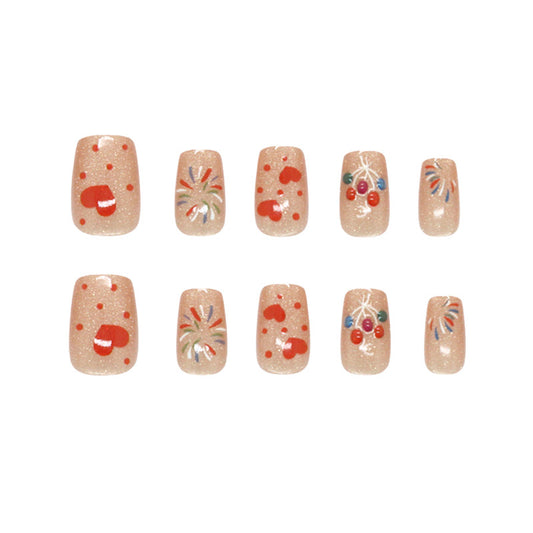 Festive Glamour Short Square Peach Shimmer with Whimsical Holiday Designs Press On Nail Set