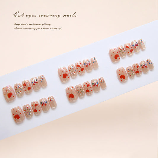 Whimsical Cat Eyes Press-On Nail Set in Short Square Beige with Colorful Heart and Floral Designs