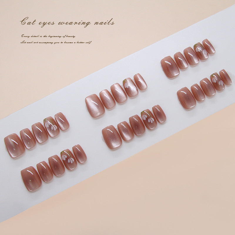 Charming Cat Eye Lengthy Medium Coffin Blush Pink with Floral Accents Press On Nail Set