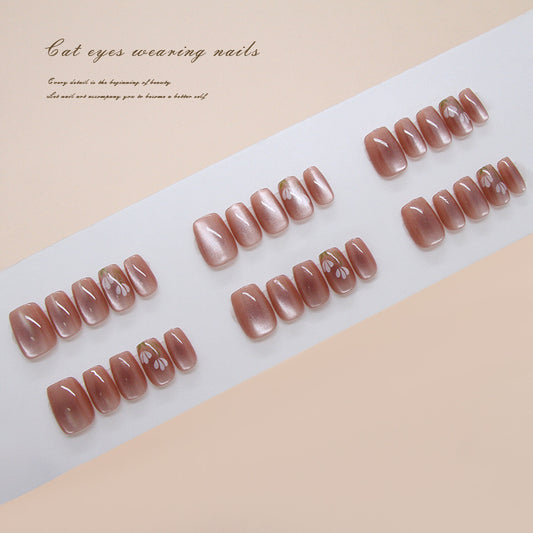 Charming Cat Eye Lengthy Medium Coffin Blush Pink with Floral Accents Press On Nail Set