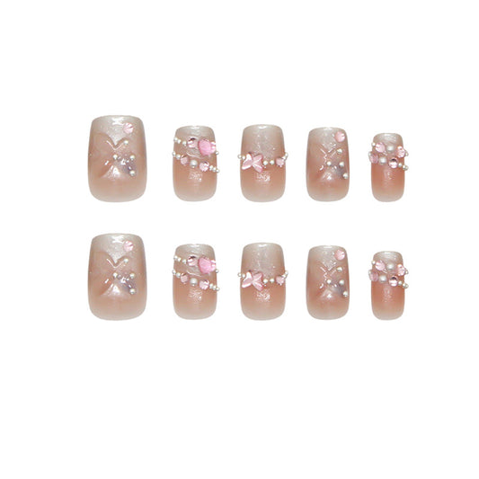 Whimsical Blossoms Short Square Pink Ombre Press On Nail Set with Floral Pearls and Sparkling Accents