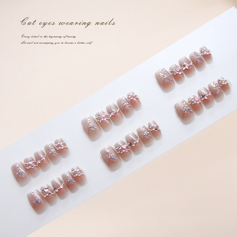 Enchanting Elegance Short Square Rose Pink with Dazzling Gemstone Accents Press-On Nail Set