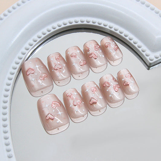 Romantic Bliss Short Square Beige Nails with Adorable Heart Designs