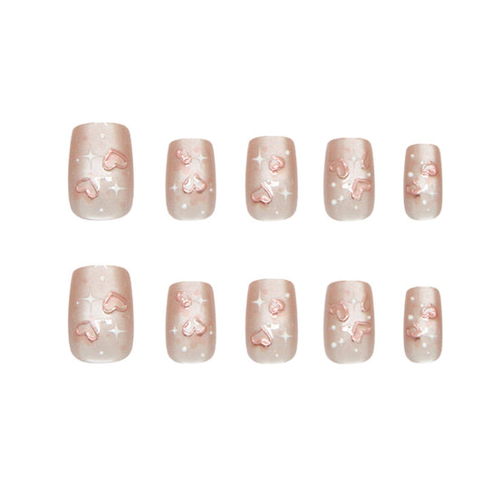 Sweetheart Dream Short Square Blush Pink Press On Nail Set with Heart Accents