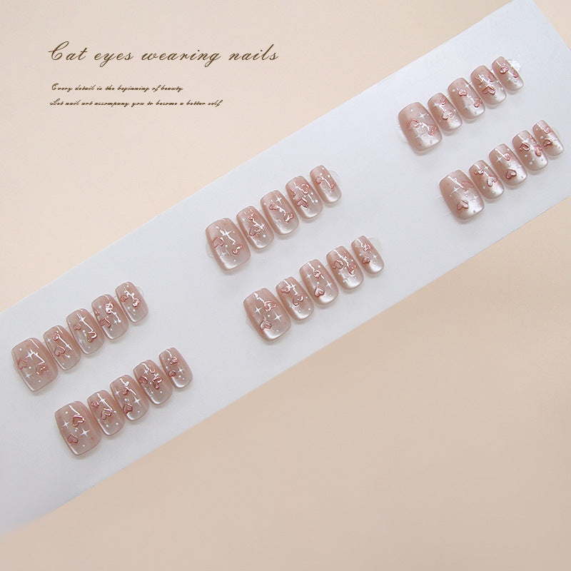 Cat Eye Charm Elegant Short Square Light Pink Nail Set with Starry Glitter Design