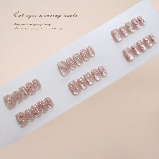 Cat Eye Charm Elegant Short Square Light Pink Nail Set with Starry Glitter Design