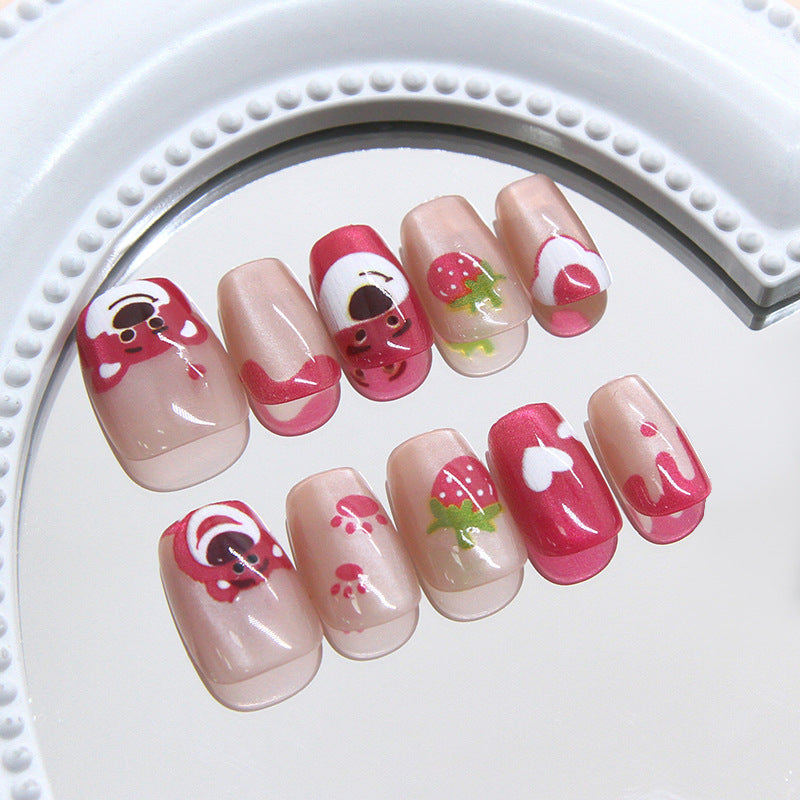 Sweet Strawberry Dream Press On Nail Set In Short Square Pink With Fun Berry Motifs