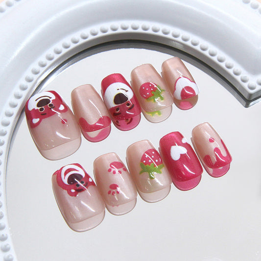 Sweet Strawberry Dream Press On Nail Set In Short Square Pink With Fun Berry Motifs