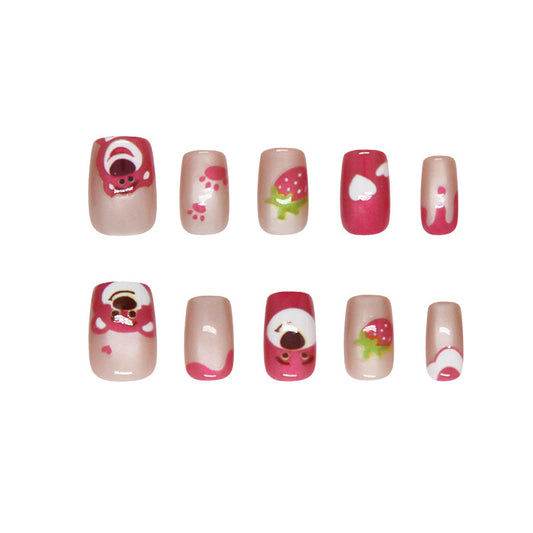 Whimsical Garden Dream Short Square Pink Press On Nail Set with Adorable Strawberry and Bear Designs