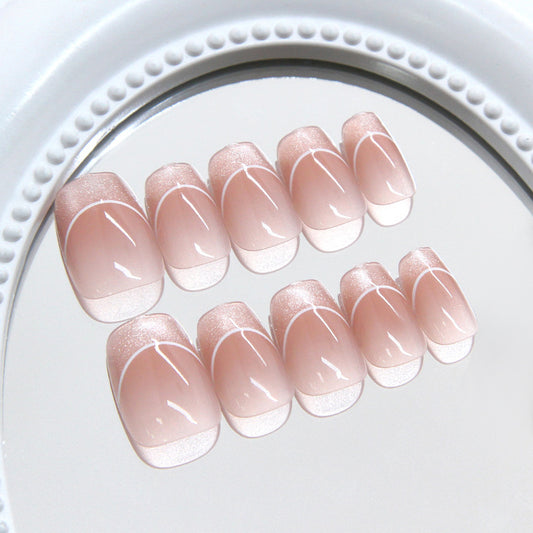 Elegant Serenity Glossy Short Square Pink Press-On Nail Set with Unique French Tip Design