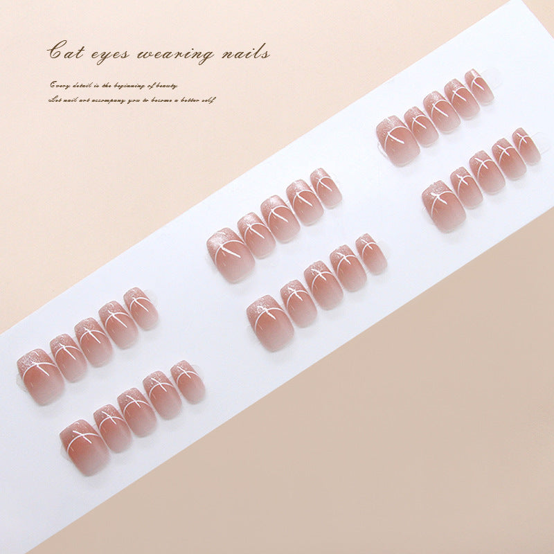 Whimsical Cat Eye Press On Nails Short Square Blush Pink with Elegant White Accents