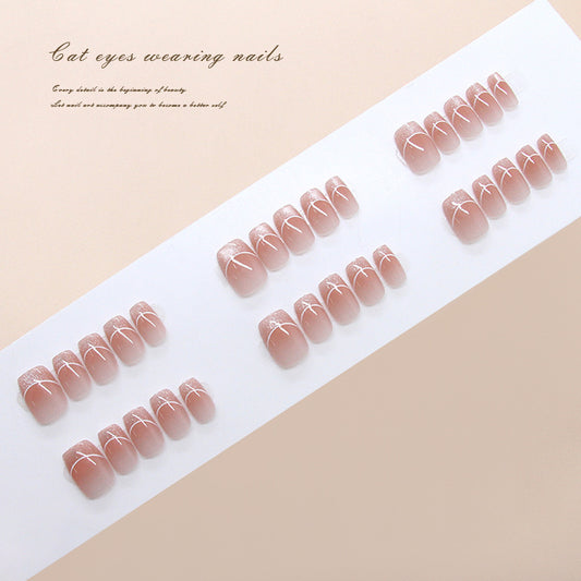 Whimsical Cat Eye Press On Nails Short Square Blush Pink with Elegant White Accents
