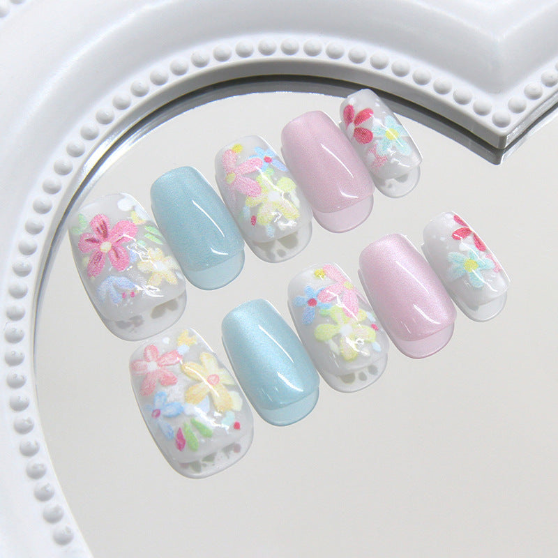 Floral Elegance Charming Short Square Pastel Green and Pink with Delicate Flower Designs Press on Nail Set
