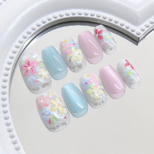 Floral Elegance Charming Short Square Pastel Green and Pink with Delicate Flower Designs Press on Nail Set