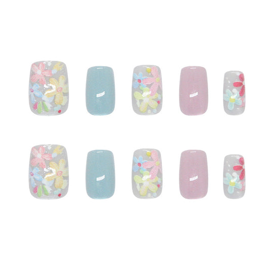 Spring Blossom Press-On Nail Set in Short Square Shape Elegant Pastel Colors with Floral Design
