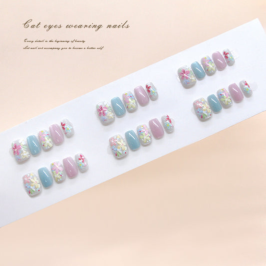 Spring Blossom Short Square Pastel Multicolor Hand Painted Floral Design