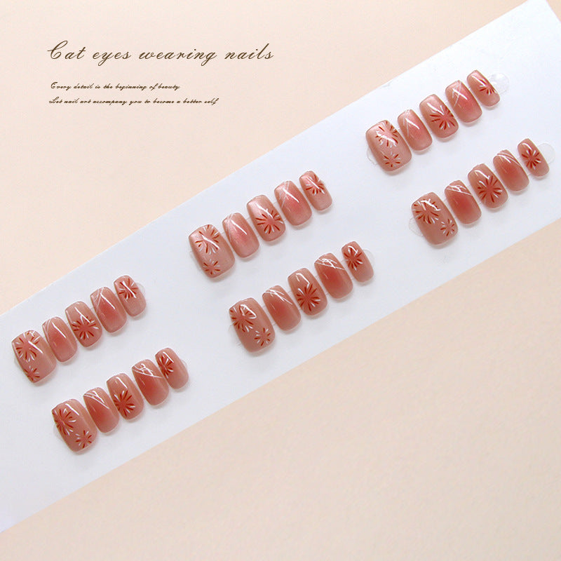 Charming Floral Cat Eyes Short Square Peachy Press on Nail Set with Intricate Blossom Design