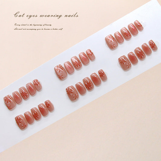 Charming Floral Cat Eyes Short Square Peachy Press on Nail Set with Intricate Blossom Design