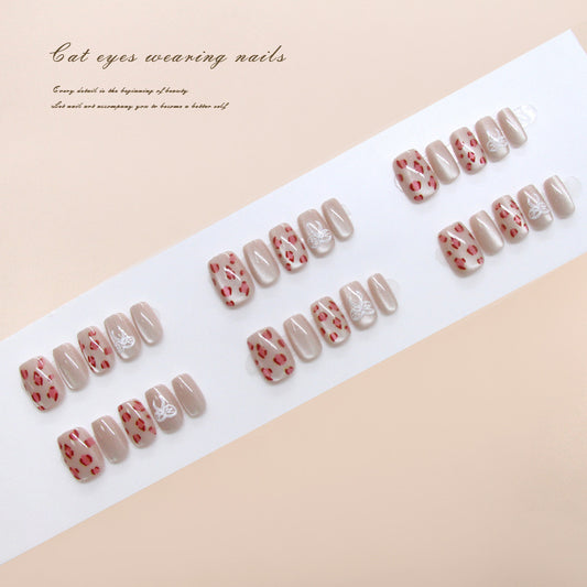 Enchanting Floral Cat Eye Press on Nail Set Short Square Soft Beige with Elegant Butterfly Design