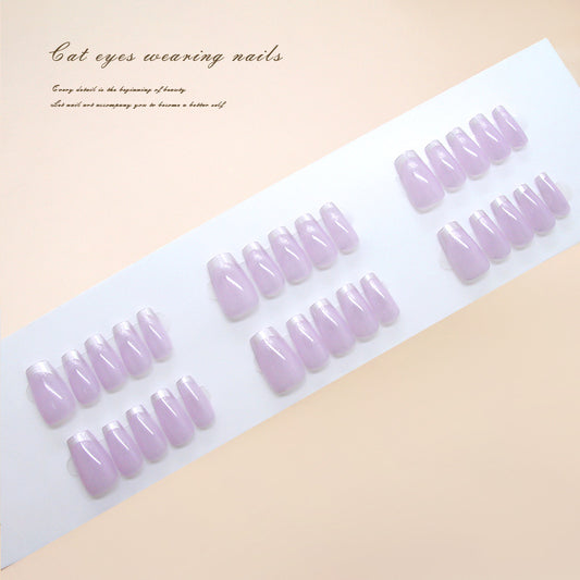 Charming Lavender Cat Eye Press-On Nails in Long Coffin Shape with Iridescent Shine Feature