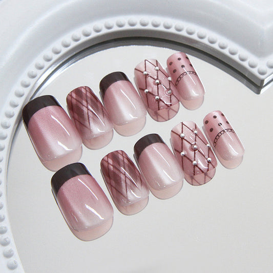 Elegant Charm Short Square Pastel Pink with Chic Black Tip and Pearlescent Designs Nail Set