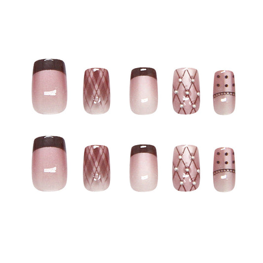 Elegant Rosewood Glamour Short Square Press On Nail Set in Soft Pink with Unique Geometric Patterns and Stylish Accents