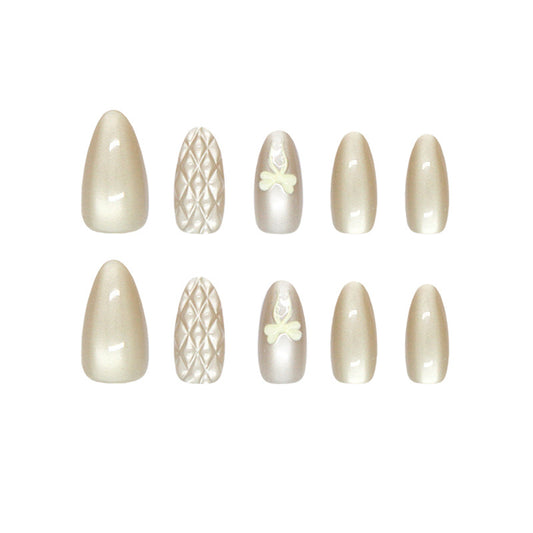 Whimsical Elegance Glamorous Short Almond Shaped Beige Press On Nail Set with Intricate Textured Design