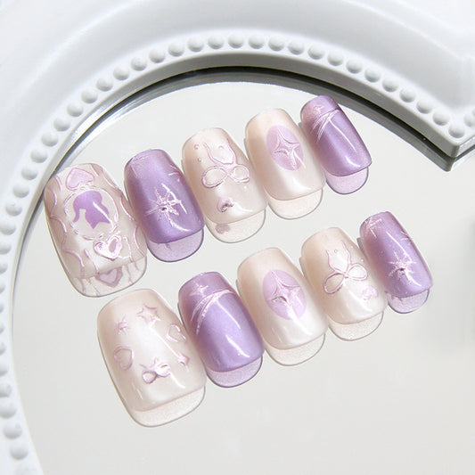 Lavender Dream Short Square Press On Nail Set with Glittering Star and Heart Designs