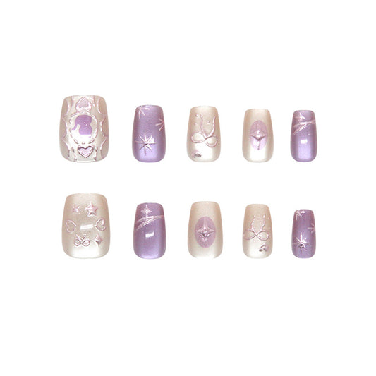 Enchanted Dreams Short Square Lavender and Cream Nail Set with Whimsical Designs