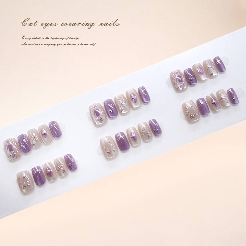 Enchanted Lavender Cat Eye Press On Nail Set Short Square Shaped Stunning Floral Designs