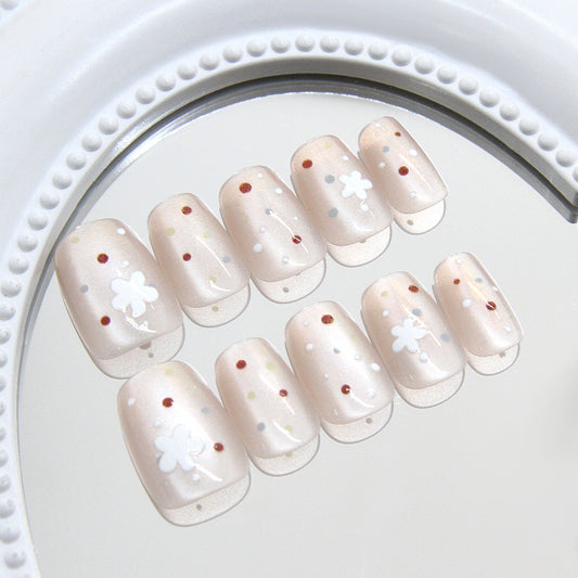 Whimsical Blossoms Short Square Light Beige Nail Set with Sparkling Floral Accents