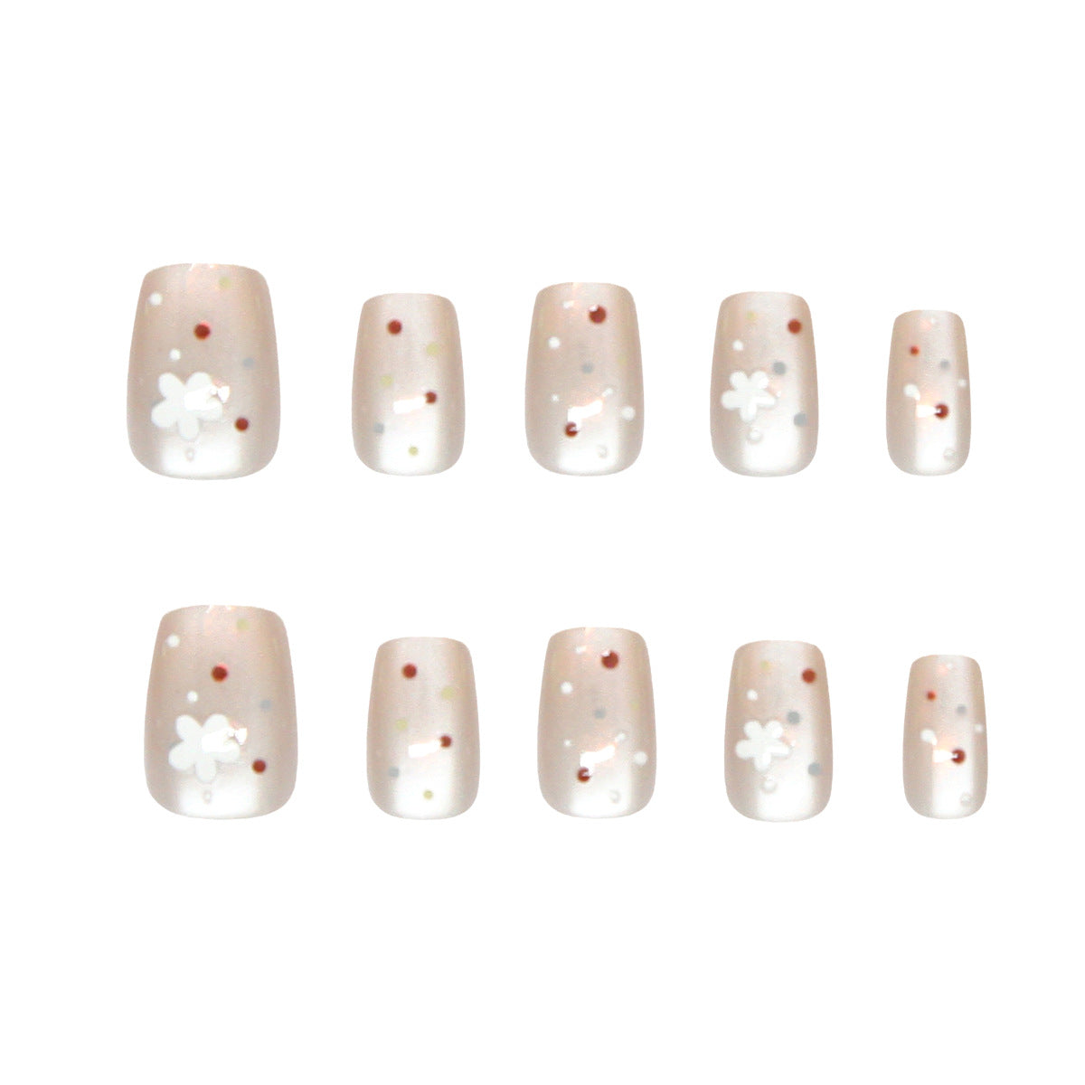Blossom Dreams Medium Square Beige Press on Nail Set with Flower Accents and Colorful Confetti Delight