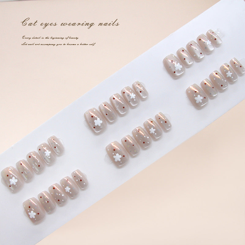 Whimsical Floral Cat Eye Press On Nail Set Short Square Blush Pink with Charming White Flower Accents