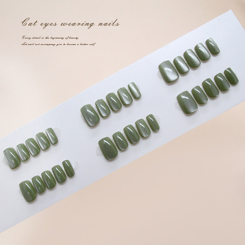 Enchanting Forest Vibes Medium Square Sage Green Press On Nail Set with Captivating Cat Eye Effect