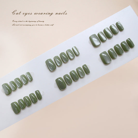 Enchanting Forest Vibes Medium Square Sage Green Press On Nail Set with Captivating Cat Eye Effect