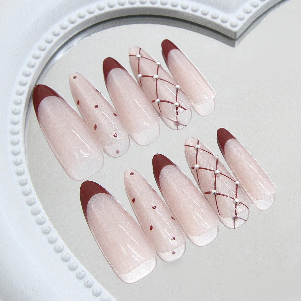 Glamorous Twilight Long Almond Shape Blush Pink with Chic Red Tips and Pearl Accents Press On Nail Set