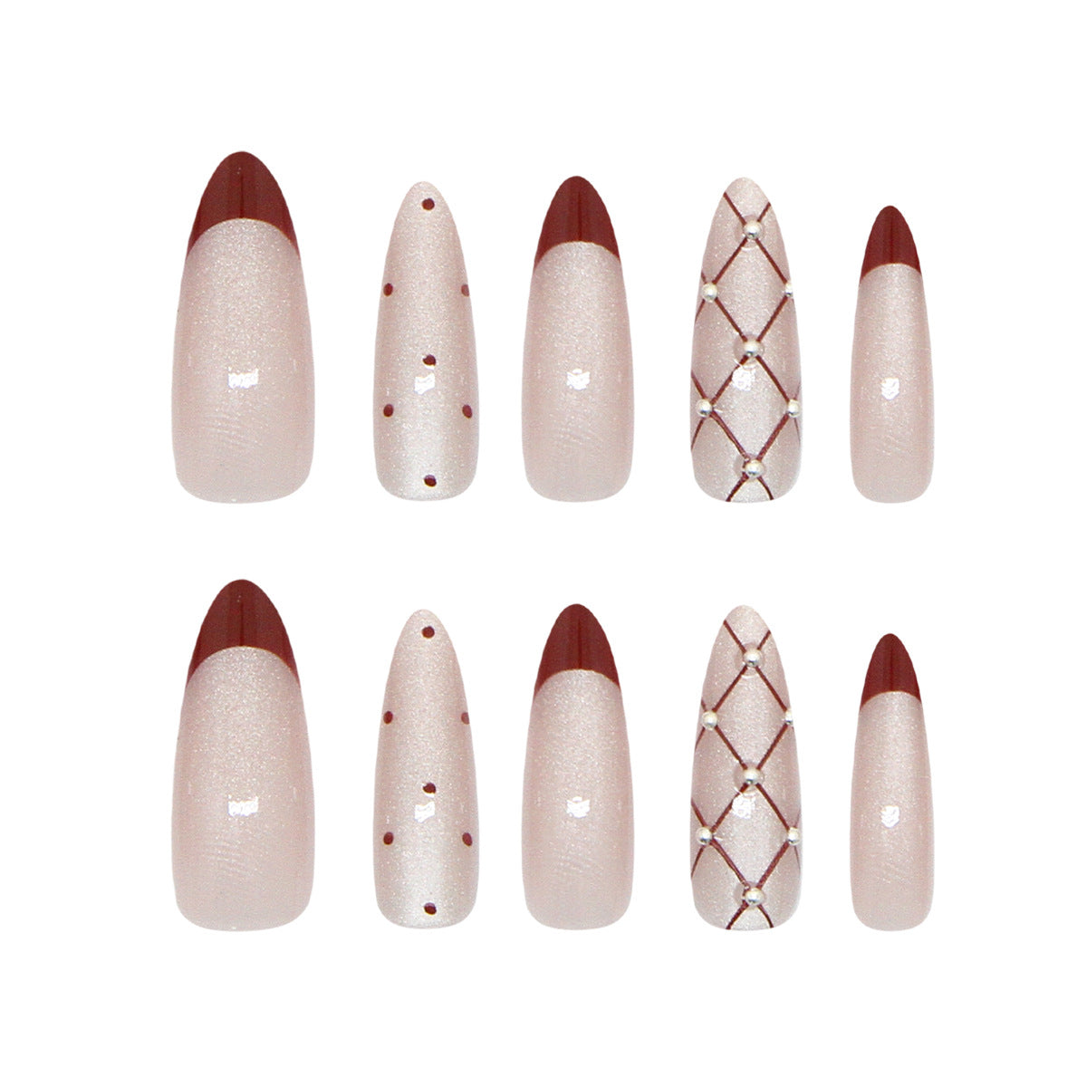 Elegant Jewel Inspired Long Almond Shaped Beige and Burgundy Press on Nail Set with Stunning Pearl and Glitter Accents