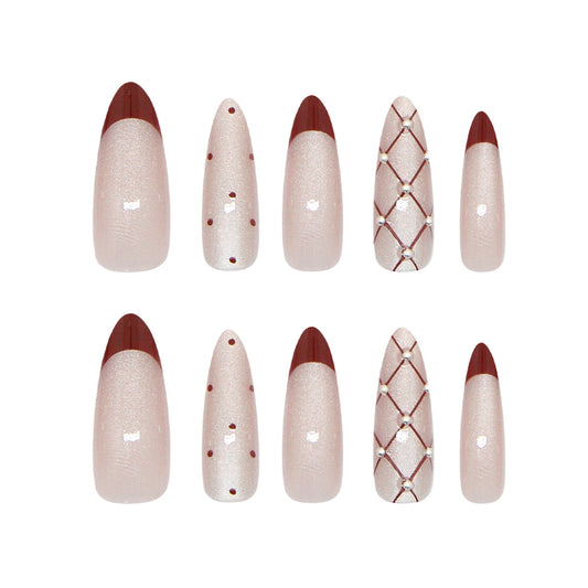 Elegant Jewel Inspired Long Almond Shaped Beige and Burgundy Press on Nail Set with Stunning Pearl and Glitter Accents